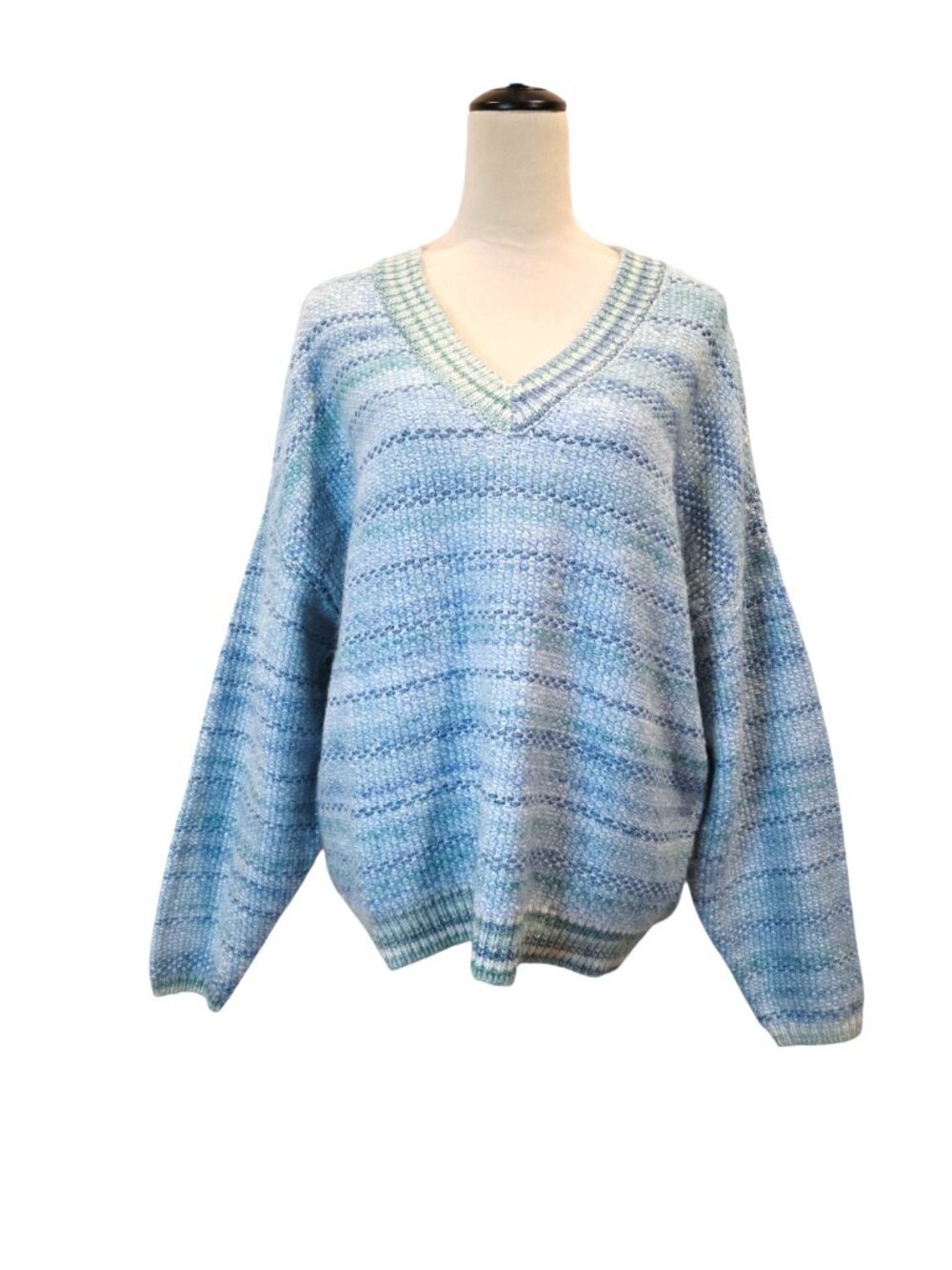 LOFT Shimmer Marled Sweater Cozy V-Neck Metallic Accent Blue Teal Cream XL
